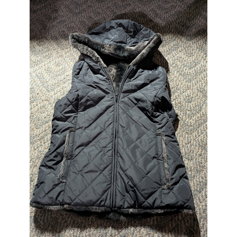 Kristen Blake Black Quilted Puffer Vest Faux Fur Lined Hooded Women Small 738076